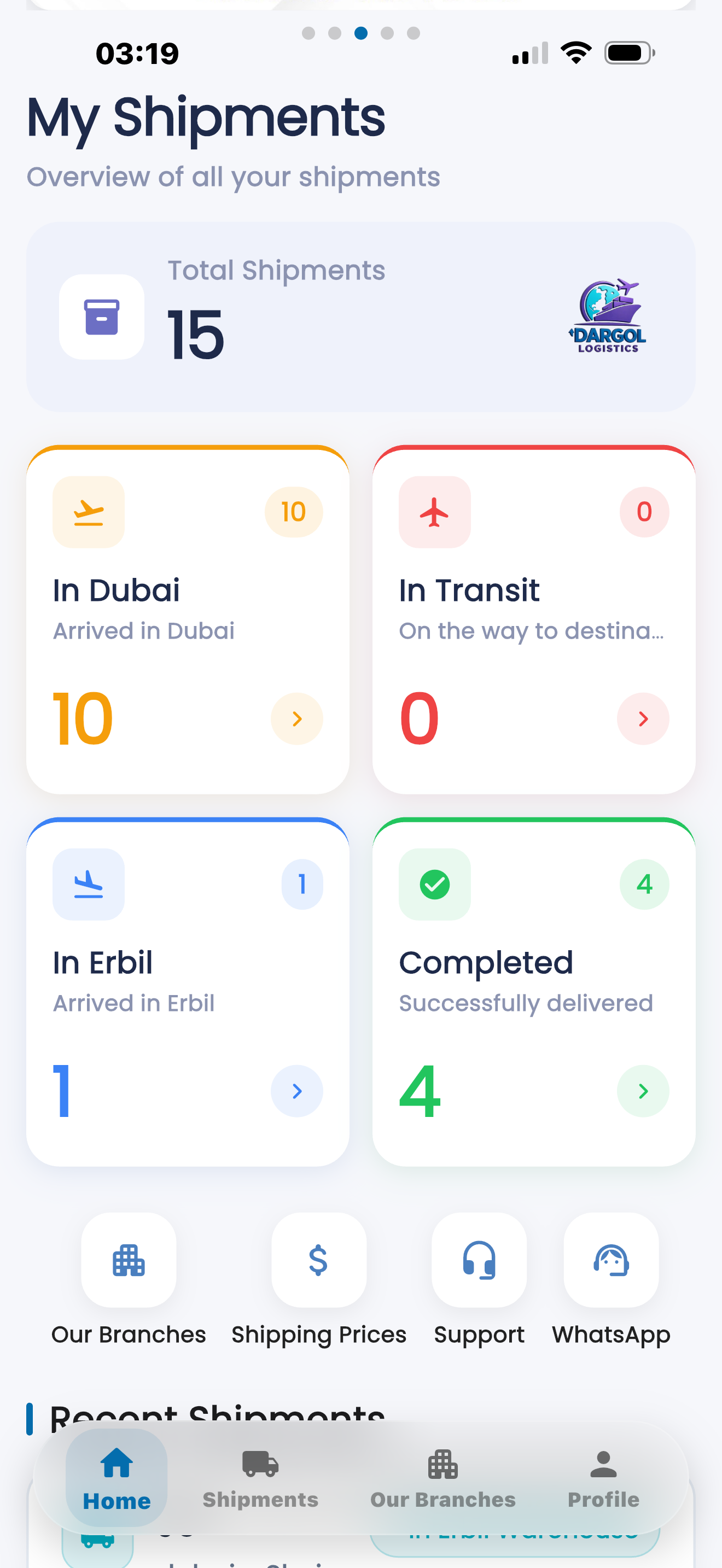 Dargol Logistics App – My Shipments Screen